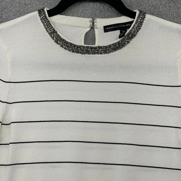 White House Black Market Women Blouse White Striped Beaded Long Sleeve Size XS - Picture 2 of 12